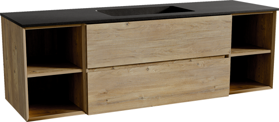 Storke Edge zwevend badmeubel 165 x 52 cm ruw eiken met Scuro enkele wastafel in kwarts mat zwart