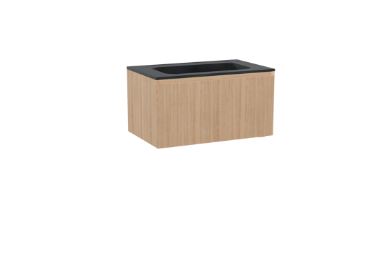 Balmani Fila hängendes Möbelstück Set: 90 x 55 cm, Naturbelassene Eiche, mit Tablo Strada Einzelwaschtisch, Marmorkomposit, Schwarz matt, Vertikale symmetrische gerade Rippe