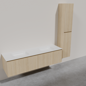 Balmani Idra meuble salle de bains suspendu 180 x 55 cm chêne naturel avec Tablo Arcato double vasque en solid surface blanc mat et Idra colonne salle de bains