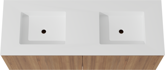 Balmani Eclips zwevend badkamermeubel 150 x 55 cm Teak met Tablo Stretto dubbele wastafel in Solid Surface mat wit