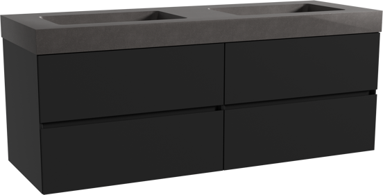 Storke Edge zwevend badmeubel 150 x 52 cm mat zwart met Scuro High dubbele wastafel in kwarts mat zwart