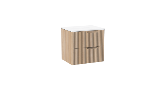 Linie Ribbo meuble salle de bains suspendu 60 x 46 cm chêne clair avec Lado tablette simple en marbre composite blanc mat, Nervure circulaire symétrique verticale