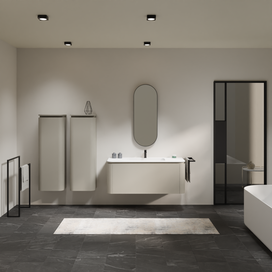 Balmani Moon meuble salle de bains suspendu 130 x 55 cm soie grise avec Moon plan simple en solid surface blanc mat