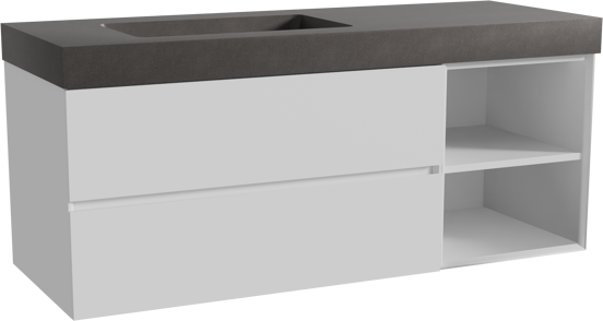 Storke Edge meuble salle de bains suspendu 140 x 52 cm blanc mat avec Scuro High plan vasque asymétrique à gauche en quartz noir mat