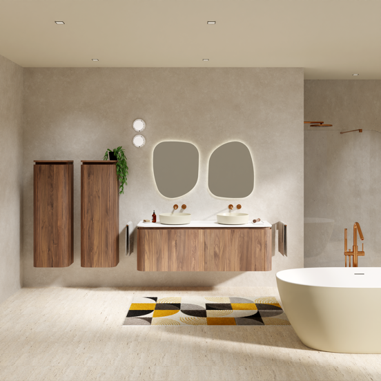 Balmani Moon meuble salle de bains suspendu 160 x 55 cm noyer américain avec Moon tablette simple ou double en solid surface blanc mat