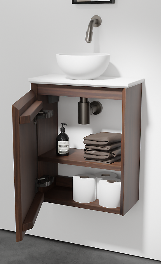 Balmani Mitra zwevend toiletmeubel 42 x 21 cm amerikaans notenhout met Facetta wastafelblad en Jazz waskom in matte Solid Surface