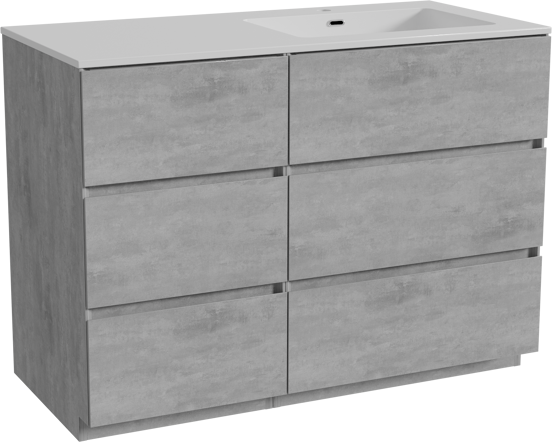 Storke Edge meuble salle de bains à poser 110 x 52 cm béton gris foncé avec Diva plan vasque asymétrique à droite en marbre composite blanc brillant