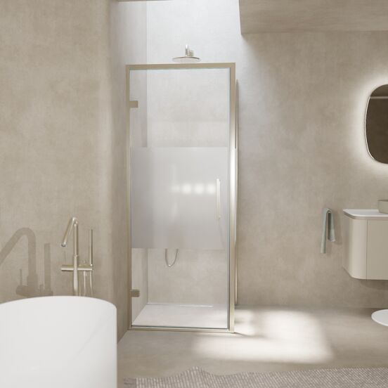 Balmani Senses Design douchehoek met linkse draaideur en vaste zijwand, 90 x 100 cm, Helder glas met matte strook, Brushed CoolMetal profielen