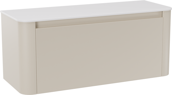 Storke Soft meuble salle de bains suspendu 120 x 46 cm Sand mat avec Tavola Soft tablette simple ou double vasque en Solid Surface blanc mat