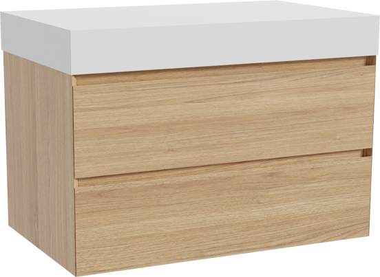 Balmani Mitra zwevend badkamermeubel 90 x 55 cm natuur eik met Dominus enkel tablet in solid surface mat wit