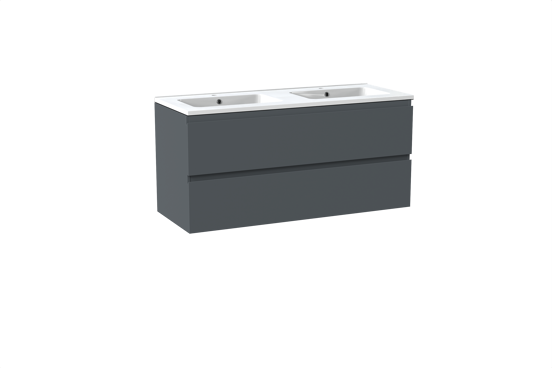 Linie Lado meuble salle de bains suspendu 120 x 46 cm bleu anthracite avec Vano double vasque en marbre composite blanc brillant