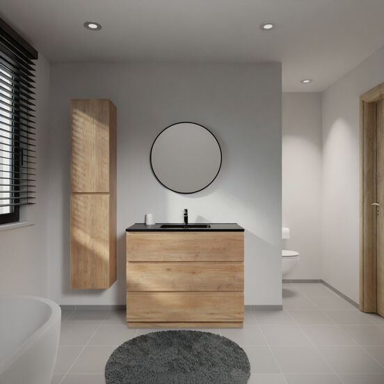 Linie Lado meuble salle de bains à poser 100 x 46 cm chêne naturel avec Vano plan simple en marbre composite noir mat