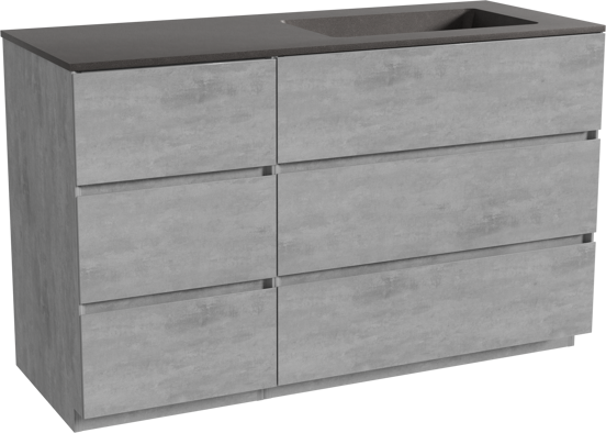 Storke Edge staand badmeubel 130 x 52 cm beton donkergrijs met Scuro asymmetrisch rechtse wastafel in kwarts mat zwart