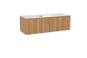 Balmani Idra zwevend badkamermeubel 150 x 55 cm teak met Tablo Arcato dubbele wastafel in solid surface mat wit