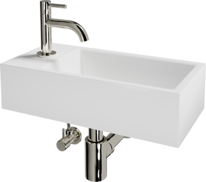 Luca Varess Cubic Handwaschbecken Set, Keramik weiß glänzend, 40,5 x 20 cm, Links, inklusive Chrom Wasserhahn und Zubehör