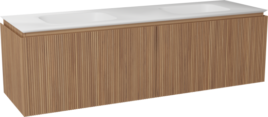 Balmani Eclips zwevend badkamermeubel 180 x 55 cm Teak met Eclips dubbele wastafel in Solid Surface mat wit, Verticale symmetrische rechte ribbel