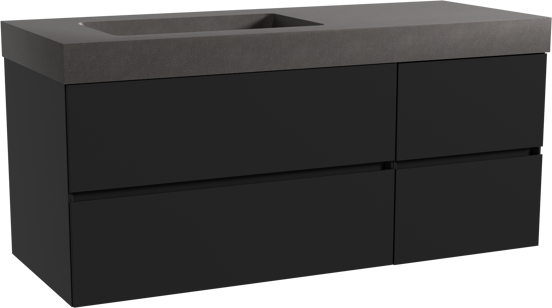 Storke Edge zwevend badkamermeubel 130 x 52 cm mat zwart met Scuro High asymmetrisch linkse wastafel in kwarts mat zwart