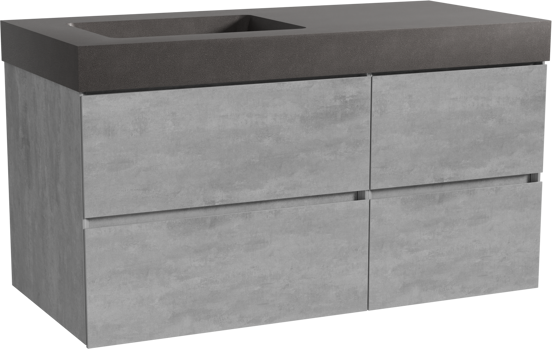 Storke Edge meuble salle de bains suspendu 110 x 52 cm béton gris foncé avec Scuro High plan vasque asymétrique à gauche en quartz noir mat