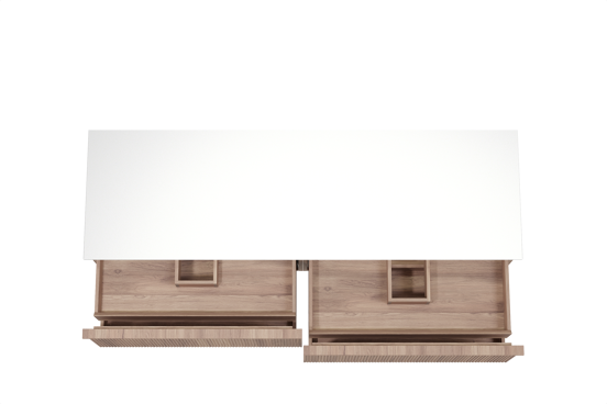 Balmani Forma zwevend badkamermeubel 180 x 55 cm teak met Stretto enkel of dubbel tablet in solid surface mat wit, Verticale symmetrische rechte ribbel