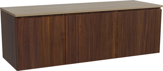 Storke Ribs zwevend badkamermeubel 150 x 52 cm notelaar met Panton enkel of dubbel tablet in melamine ruwe eik, Verticale symmetrische rechte ribbel