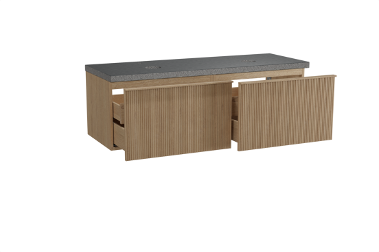 Balmani Forma meuble salle de bains suspendu 150 x 55 cm chêne naturel avec Rock tablette double en granit noir, Nervure droite symétrique verticale