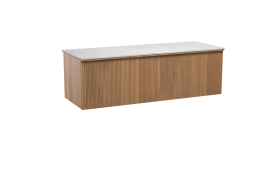 Balmani Forma zwevend badkamermeubel 150 x 55 cm teak met Stretto enkel of dubbel tablet in marmer carrara, Verticale symmetrische rechte ribbel