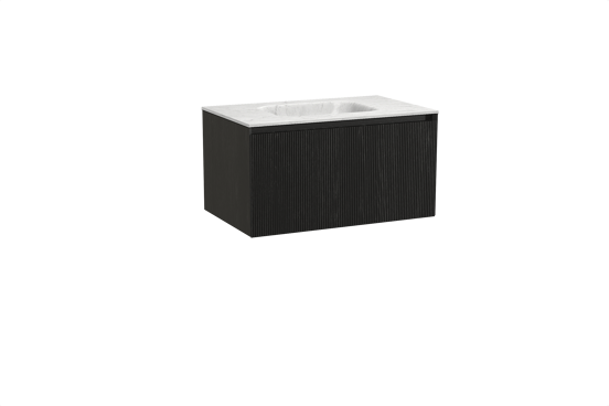Balmani Fila hängendes Möbelstück Set: 90 x 55 cm, Schwarze Eiche, mit Tablo Arcato Einzelwaschtisch, Marmor, Carrara, Vertikale symmetrische gerade Rippe