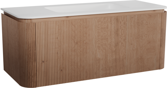 Balmani Moon meuble salle de bains suspendu 130 x 55 cm chêne naturel avec Moon plan simple en solid surface blanc mat, Nervure droite symétrique verticale