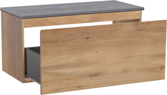 Linie Lado meuble salle de bains suspendu 100 x 46 cm chêne naturel avec Lado tablette simple ou double en mélaminé béton gris foncé
