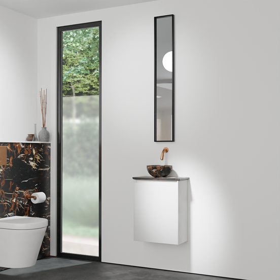 Balmani Mitra meuble wc suspendu 42 x 21 cm blanc mat avec Facetta tablette et Bari XS vaque à poser en marbre Portoro Gold