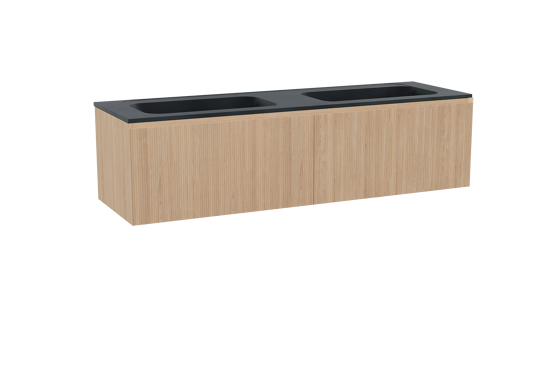Balmani Fila hängendes Möbelstück Set: 180 x 55 cm, Naturbelassene Eiche, mit Tablo Strada Doppelwaschtisch, Marmorkomposit, Schwarz matt, Vertikale symmetrische gerade Rippe