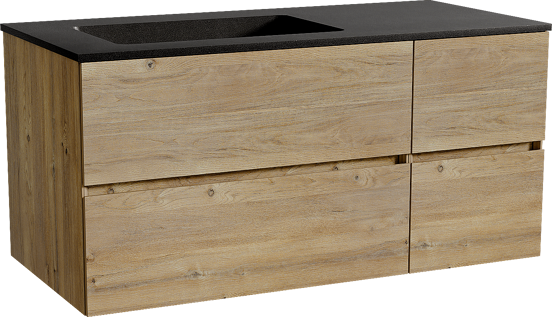 Storke Edge zwevend badmeubel 110 x 52 cm ruw eiken met Scuro asymmetrisch linkse wastafel in kwarts mat zwart