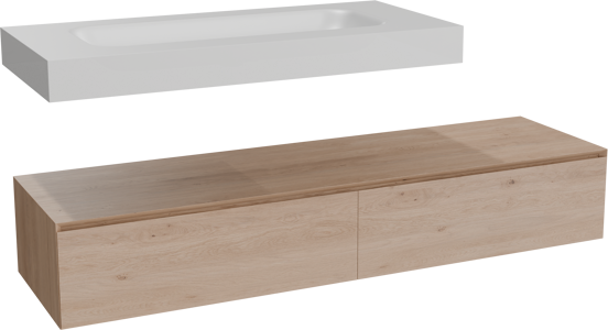 Balmani Mitra Elements meuble salle de bains suspendu 180 x 55 cm chêne naturel avec Dominus lavabo simple pour 2 trous de robinet 120 cm en solid surface blanc mat