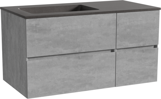Storke Edge zwevend badmeubel 100 x 52 cm beton donkergrijs met Scuro asymmetrisch linkse wastafel in kwarts mat zwart