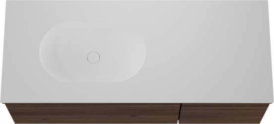 Balmani Forma meuble salle de bains suspendu 135 x 55 cm noyer américain avec Tablo Oval vasque asymétrique gauche en solid surface blanc mat, Nervure droite symétrique horizontale