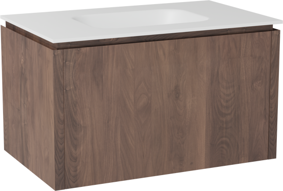 Balmani Eclips zwevend badkamermeubel 90 x 55 cm Amerikaanse notelaar met Tablo Arcato enkele wastafel in Solid Surface mat wit
