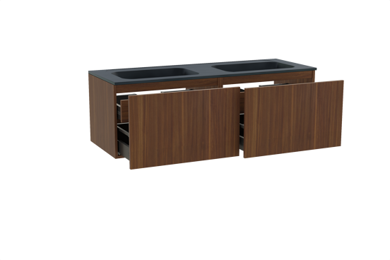 Balmani Sfera hängendes Möbelstück Set: 150 x 55 cm, Amerikanischer Nussbaum, mit Tablo Strada Doppelwaschtisch, Marmorkomposit Schwarz matt