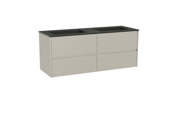 Storke Seda zwevend badkamermeubel 150 x 52 cm zijdegrijs met Scuro dubbele wastafel in kwarts mat zwart