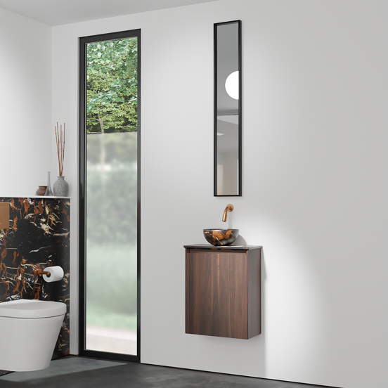 Balmani Mitra zwevend toiletmeubel 42 x 21 cm amerikaanse notelaar met Facetta tablet en Bari XS waskom in Portoro Gold marmer
