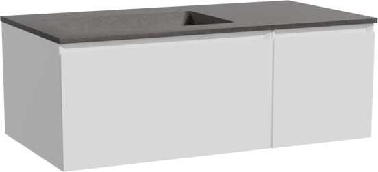 Storke Edge zwevend badmeubel 100 x 52 cm mat wit met Scuro asymmetrisch linkse wastafel in kwarts mat zwart