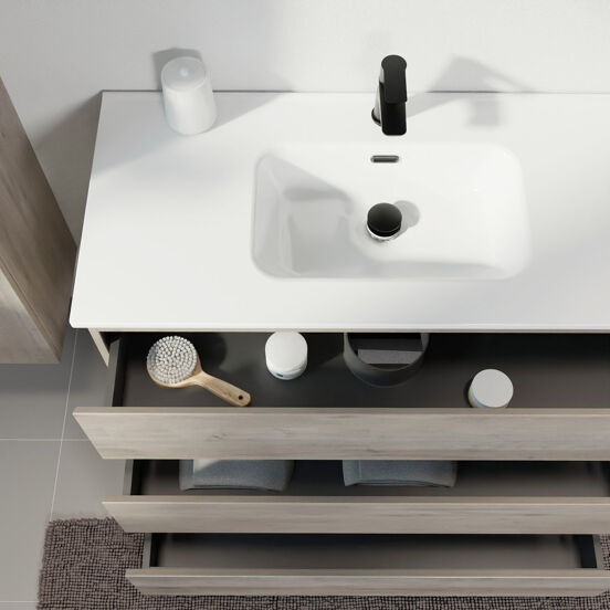 Linie Lado staand badmeubel 100 x 46 cm grijs eiken met Baro enkele wastafel in porselein hoogglans wit