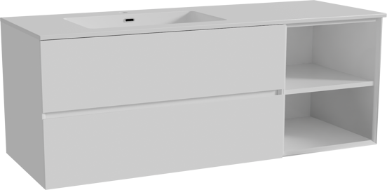 Storke Edge meuble salle de bains suspendu 140 x 52 cm blanc brillant avec Diva plan vasque asymétrique à gauche en marbre composite blanc brillant