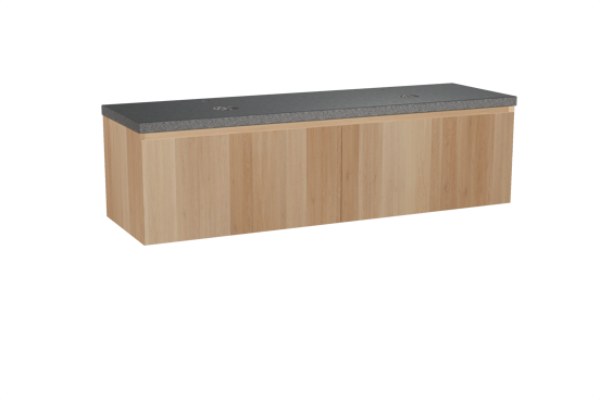 Balmani Idra hängendes Möbelstück Set: 180 x 55 cm, Naturbelassene Eiche, mit Rock Doppel Waschtischplatte, Schwarzes Granit