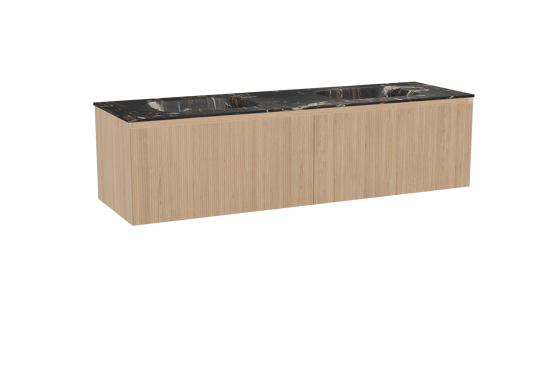 Balmani Fila hängendes Möbelstück Set: 180 x 55 cm, Naturbelassene Eiche, mit Tablo Arcato Doppelwaschtisch, Marmor, Portoro Gold, Vertikale symmetrische gerade Rippe