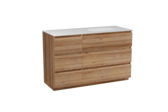 Balmani Lucida meuble salle de bains à poser 135 x 55 cm teck avec Tablo Oval vasque asymétrique droite en solid surface blanc mat