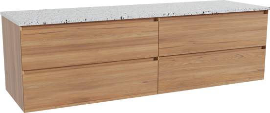 Balmani Mitra zwevend badkamermeubel 180 x 55 cm teak met Stretto enkel of dubbel tablet in mat wit/zwart terrazzo