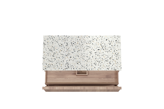 Balmani Forma hängendes Möbelstück Set: 120 x 55 cm, Teak, mit Stretto Einzel- oder Doppel Waschtischplatte, Terrazzo in Weiß/Schwarz matt, Vertikale symmetrische gerade Rippe