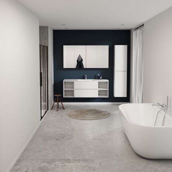 Storke Edge meuble salle de bains suspendu 145 x 52 cm blanc brillant avec Mata plan simple en solid surface blanc mat
