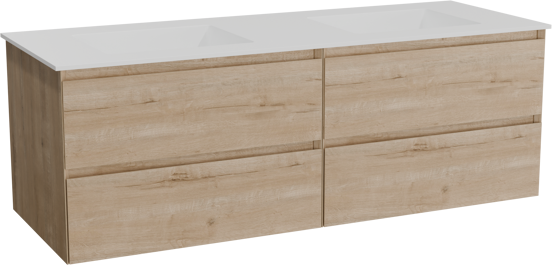 Balmani Mitra hängendes Möbelstück Set: 150 x 55 cm, Rohe Eiche, mit Tablo Stretto Doppelwaschtisch, Solid Surface Weiß matt