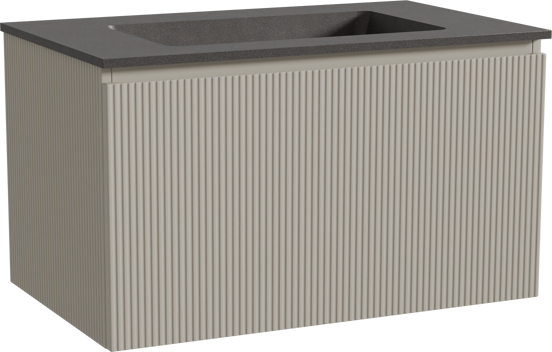 Storke Ribs zwevend badkamermeubel 85 x 52 cm zijdegrijs met Scuro enkele wastafel in kwarts mat zwart, Verticale symmetrische rechte ribbel